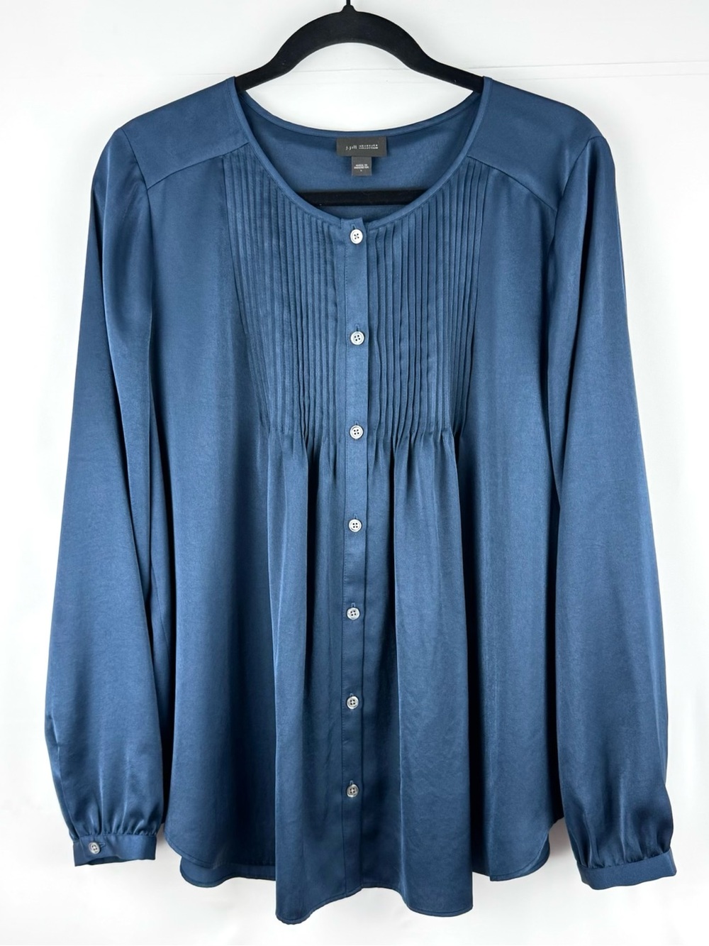 J. Jill Slate Blue Pintuck Pleated Button-Front Blouse - Satin Finish